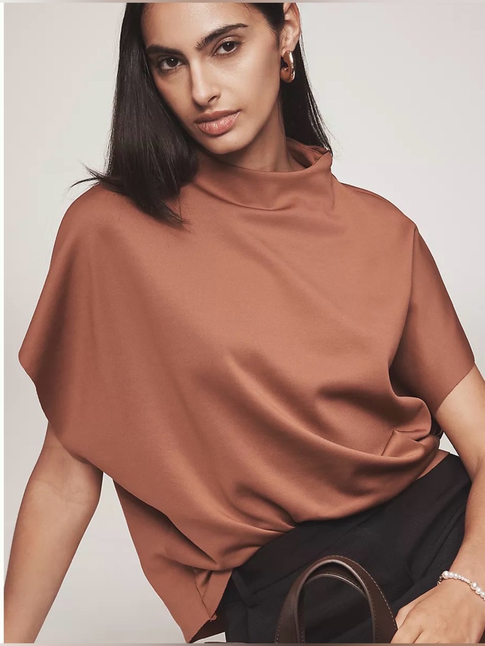 NWT Anthropologie Mock-Neck Batwing Top Blouse Womens Size Medium Russet Brown